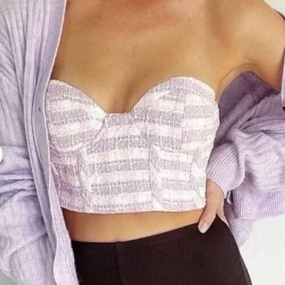 NWT Zara Womens X Small Tweed Bustier Crop Corset Top Pink Purple Plaid XS - Picture 9 of 9